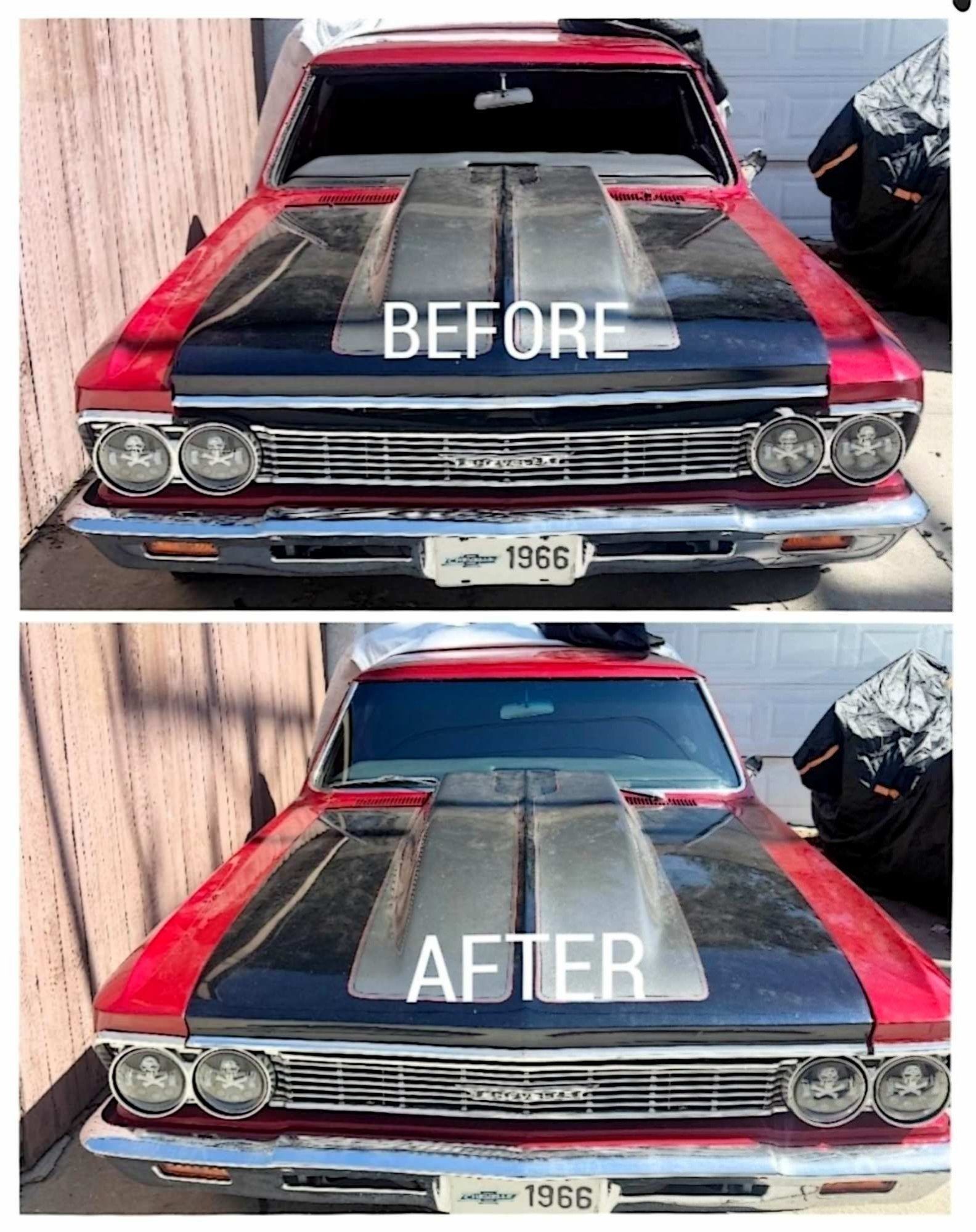 A before-and-after comparison of a classic red and black Chevrolet car hood, showing surface restoration.