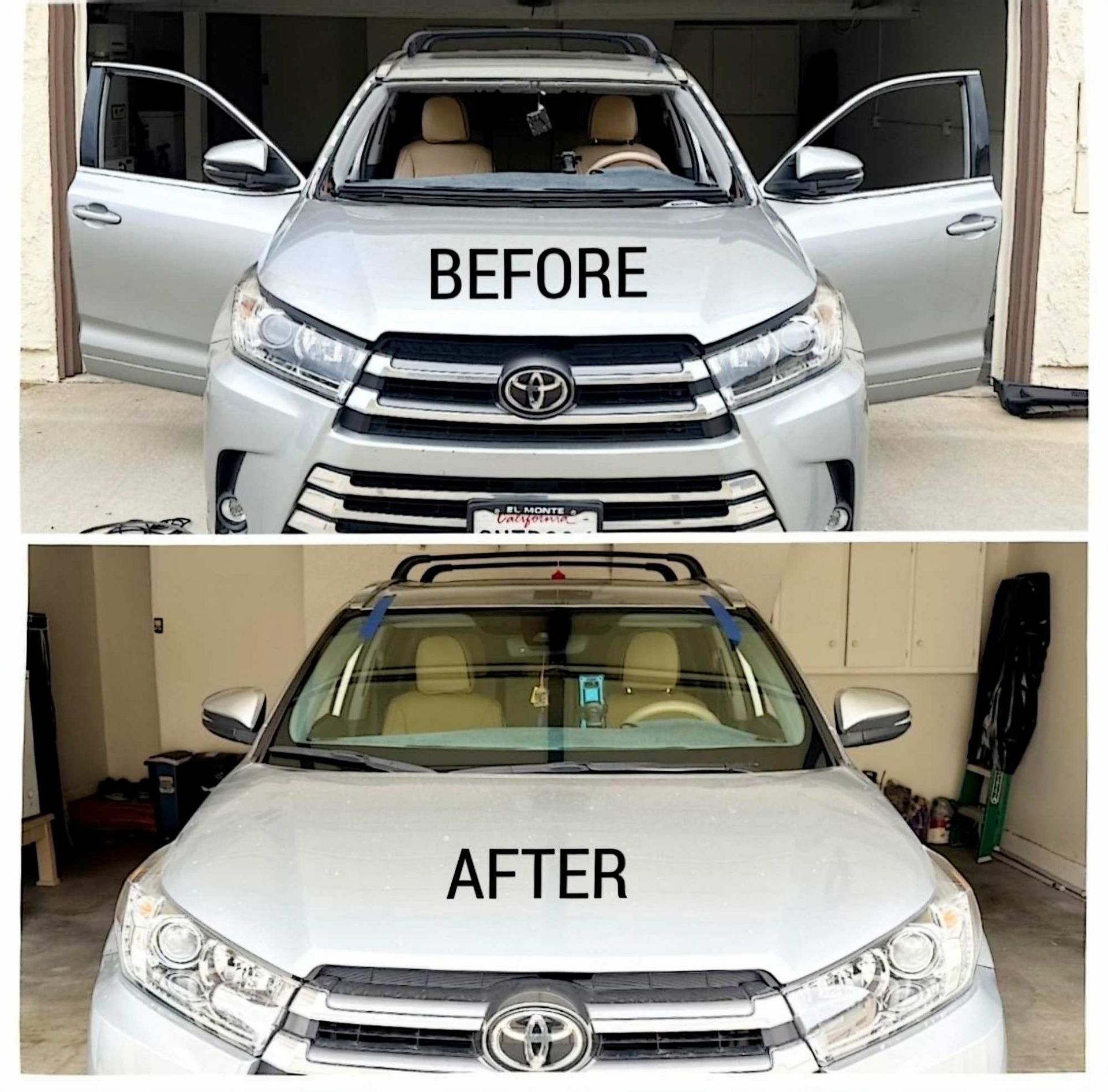 A split-screen comparison of a silver Toyota SUV, showing the windshield before and after replacement in a garage.