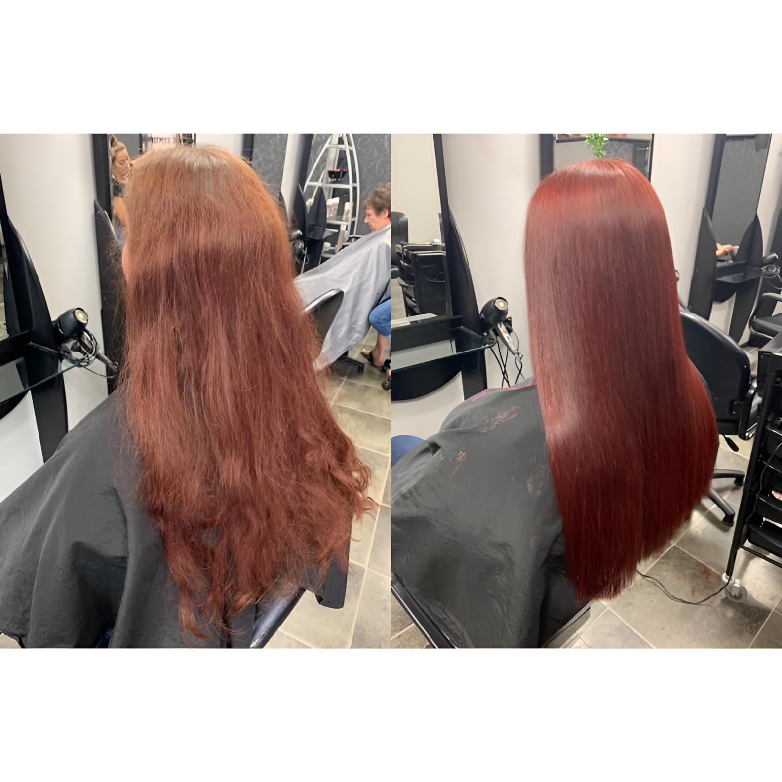 A Before And After Photo Of A Woman Getting Her Hair Cut In A Salon — Klic's Hair Design In Earlville, QLD