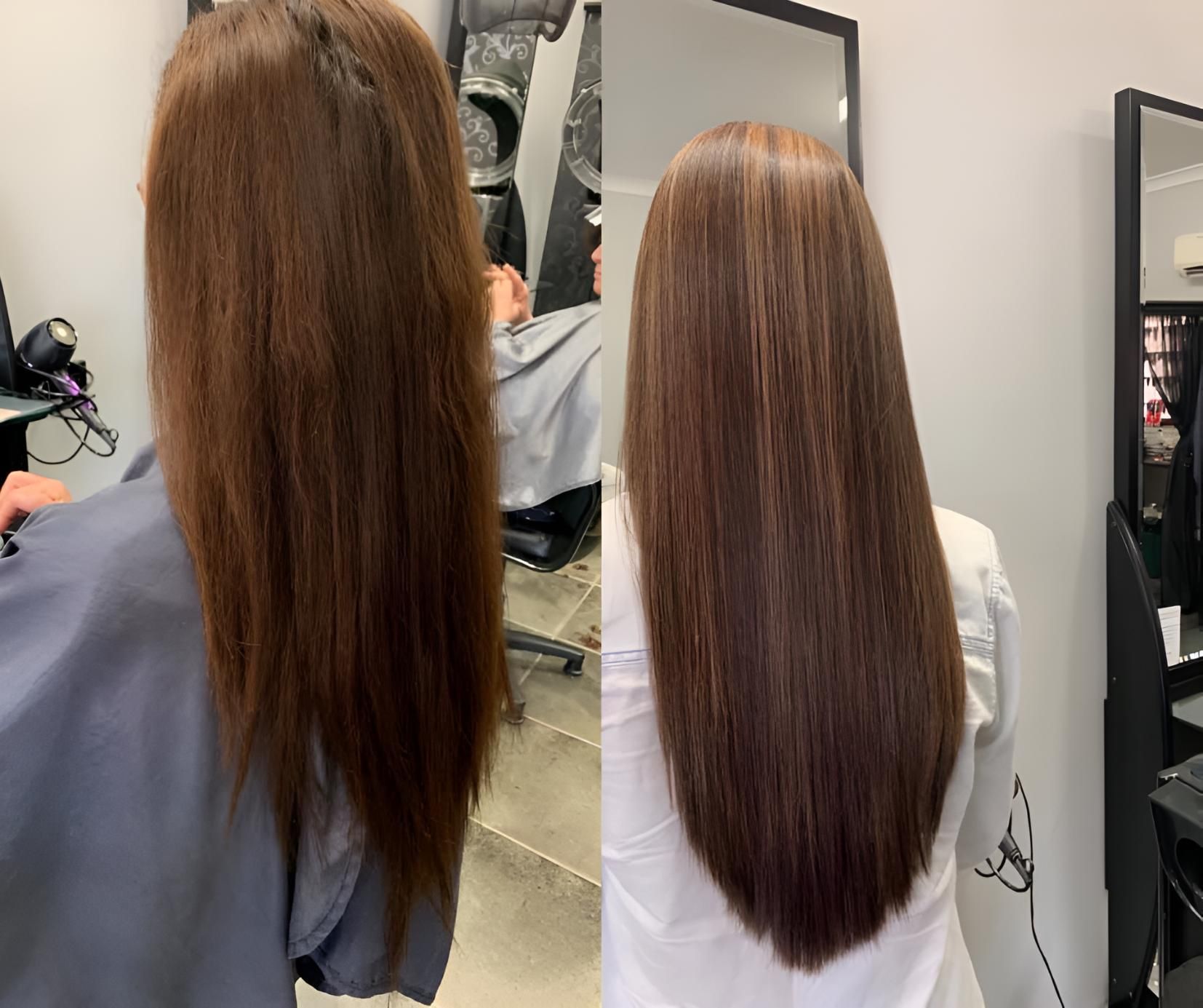 A Before And After Photo Of A Woman 's Hair In A Salon — Klic's Hair Design In Earlville, QLD