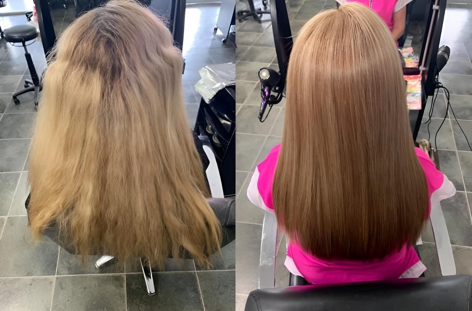 A Before And After Photo Of A Woman 's Hair In A Salon — Klic's Hair Design In Earlville, QLD