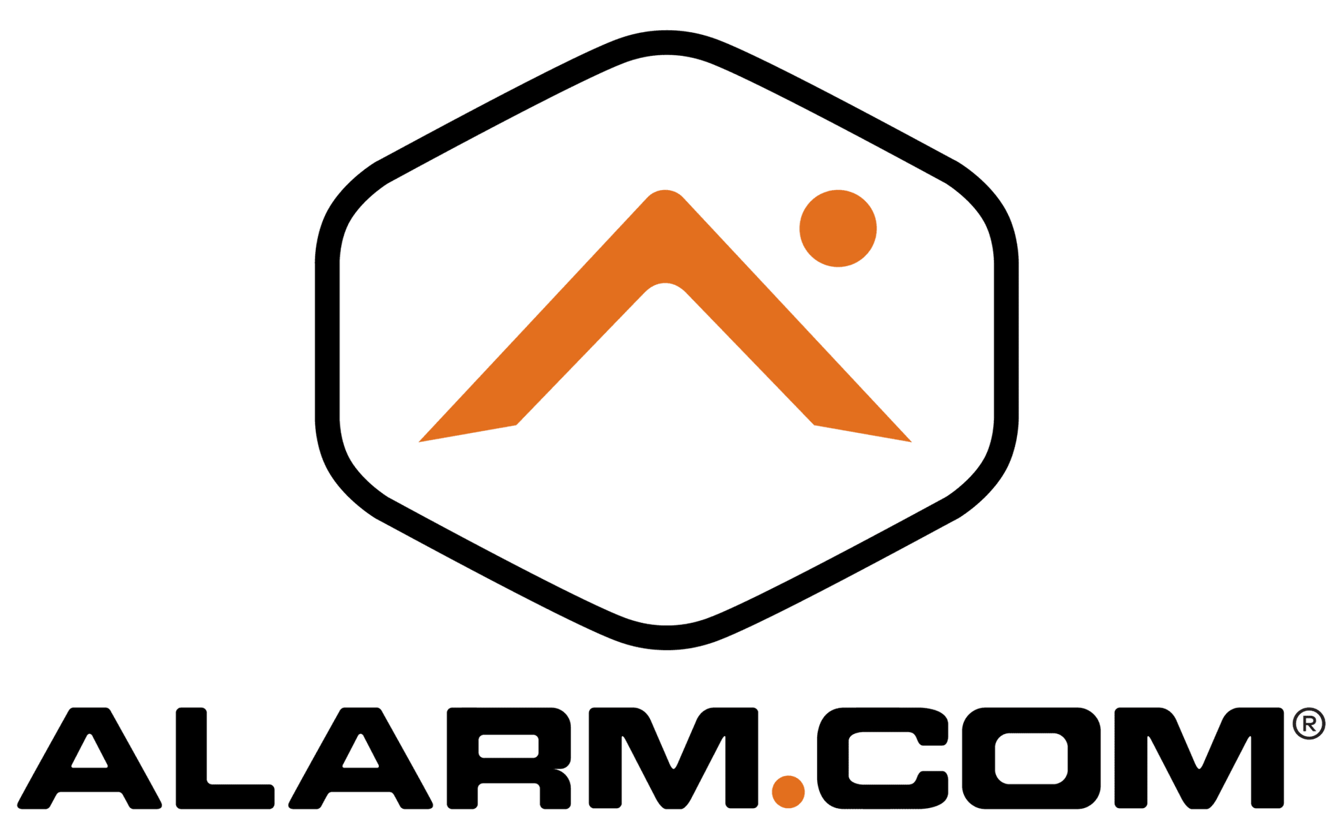 Alarm.com logo: Orange mountain peak and sun icon in a black and white hexagon.