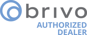 Brivo logo with authorized dealer text. Features a light blue swirl graphic and gray text on white.