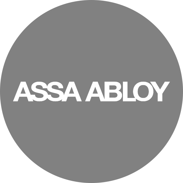 ASSA ABLOY logo, white text on a grey circular background.