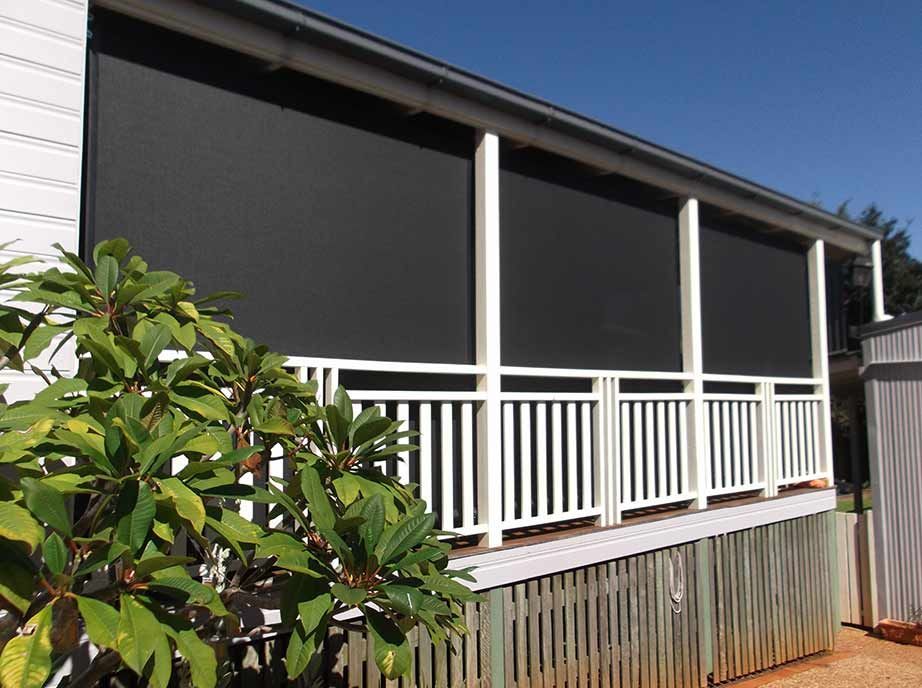 Covered Porch With Black Shades, White Railing ā Toowoomba Shade & Canvas in Harristown, QLD