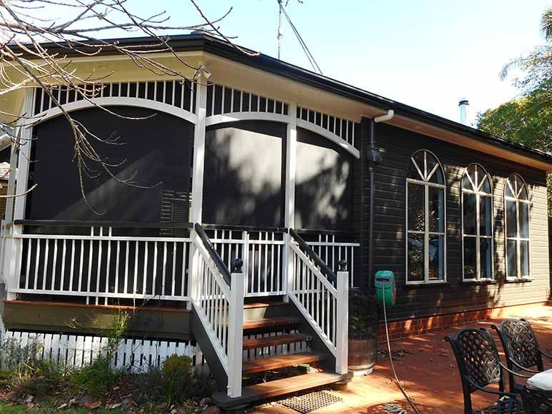 Black and White Porch With Roller Blinds, Steps, and Tall Windows — Toowoomba Shade & Canvas in Harristown, QLD