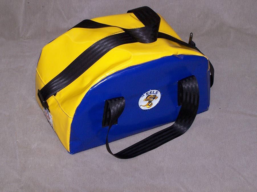 Yellow and Blue Duffel Bag With Black Straps and Handles — Toowoomba Shade & Canvas in Harristown, QLD