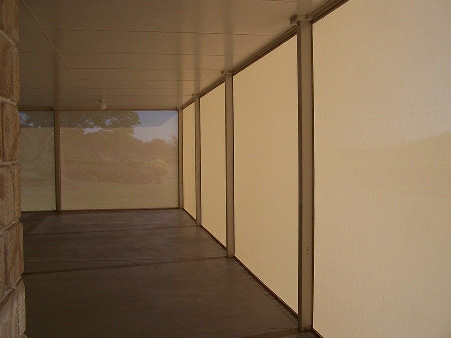 Covered Patio With Beige Vertical Blinds — Toowoomba Shade & Canvas in Harristown, QLD