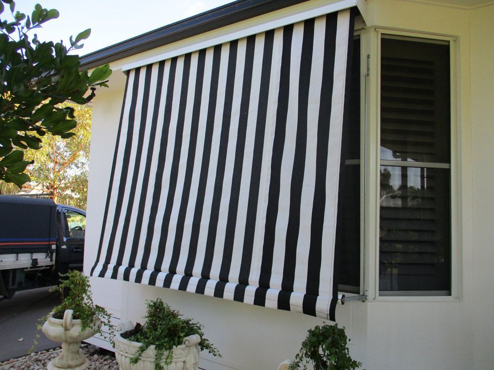 Black and White Striped Awning Over a Window — Toowoomba Shade & Canvas in Warwick, QLD