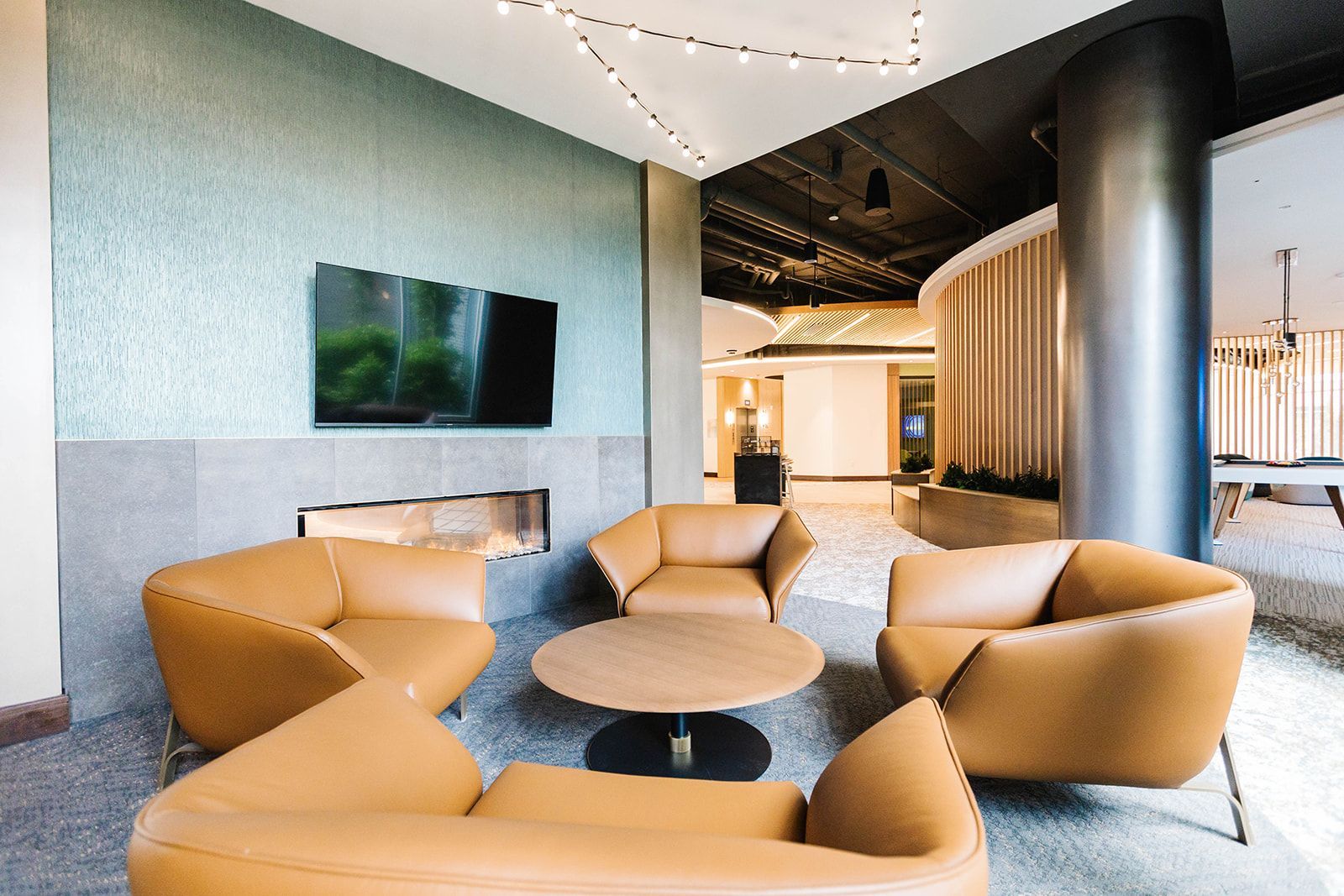 Fire place at Aura Largo Station in Largo, MD.