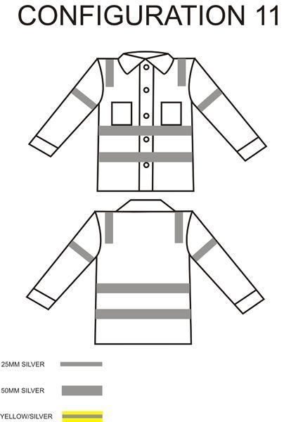 Diagram of a long-sleeved shirt with reflective stripes. Front and back views shown, labeled