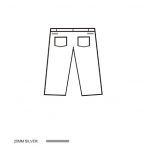 Outline drawing of denim pants, rear view. Featuring two back pockets and belt loops.