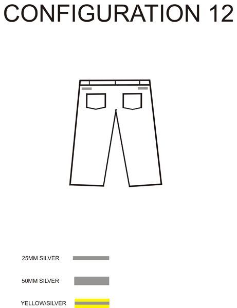 Configuration 12: Outline of pants with back pockets and waistband. Below, color guides: silver, gray, and yellow/silver.