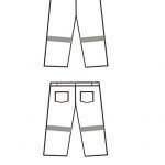 Diagram of white work pants, front and back views, with reflective bands at the knees.
