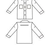 Diagram of a button-up shirt, front and back views. Features long sleeves, pockets, and a collar.