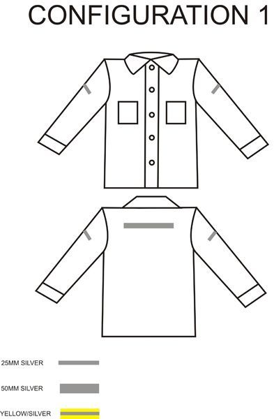 Diagram of a shirt, front and back view, with 2 reflective silver stripes on sleeves and back, and yellow/silver strips on the back.