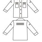 Diagram of a long-sleeved shirt, front and back views, with patches on the sleeves and chest.