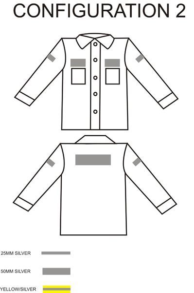 Diagram of a long-sleeved shirt showing front and back views with placement of silver and yellow/silver reflective strips.