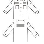 Front and back schematic of a button-down shirt with pockets and patches on sleeves and chest.
