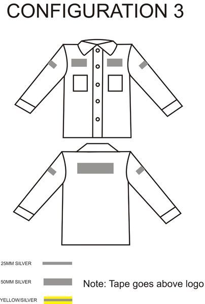 Diagram of a button-up shirt, front and back views. Features rectangular reflective tape placements on chest, back, and sleeves.