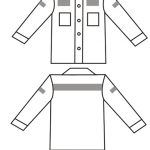 Line drawing of a long-sleeved shirt, front and back view, with pocket details and reflective stripes.