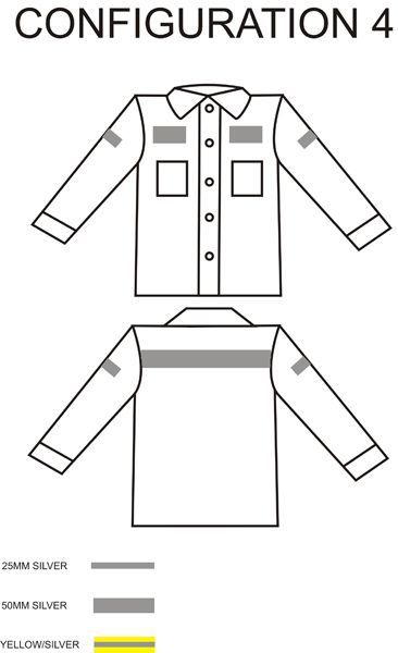Diagram of a white button-down shirt, front and back, with reflective silver stripes and patches.