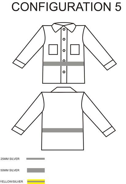 Diagram of a safety shirt in Configuration 5. Features front and back views, with silver reflective stripes.