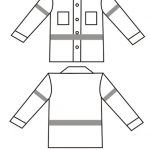 White jacket with reflective stripes and two front pockets. Top view and back view.