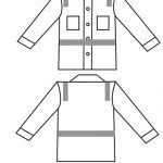 Diagram of a white safety jacket with reflective stripes and two front pockets; front and back views.