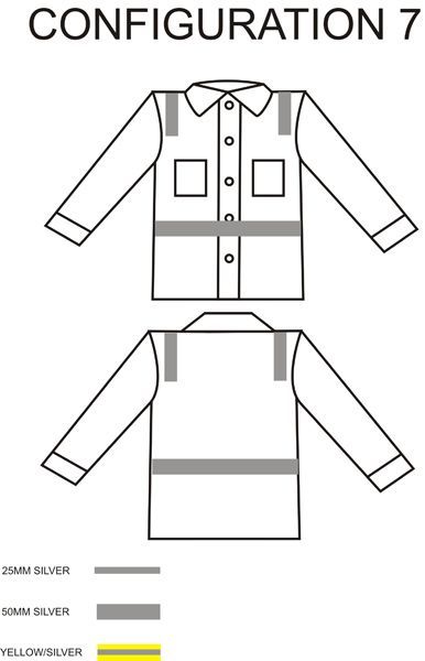 Diagram of a long-sleeved shirt, front and back, with reflective silver stripes and trim.