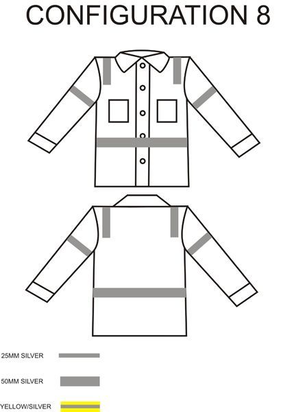 Diagram of a high-visibility work shirt with silver reflective tape on the front and back.