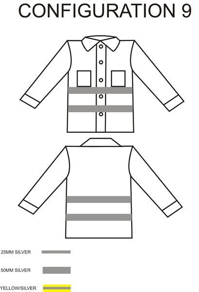 Diagram of a long-sleeved shirt with 25mm and 50mm silver reflective stripes.
