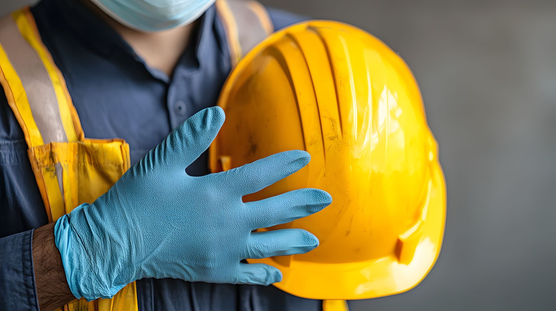 Person in blue uniform, gloves, and mask holds a yellow hard hat.