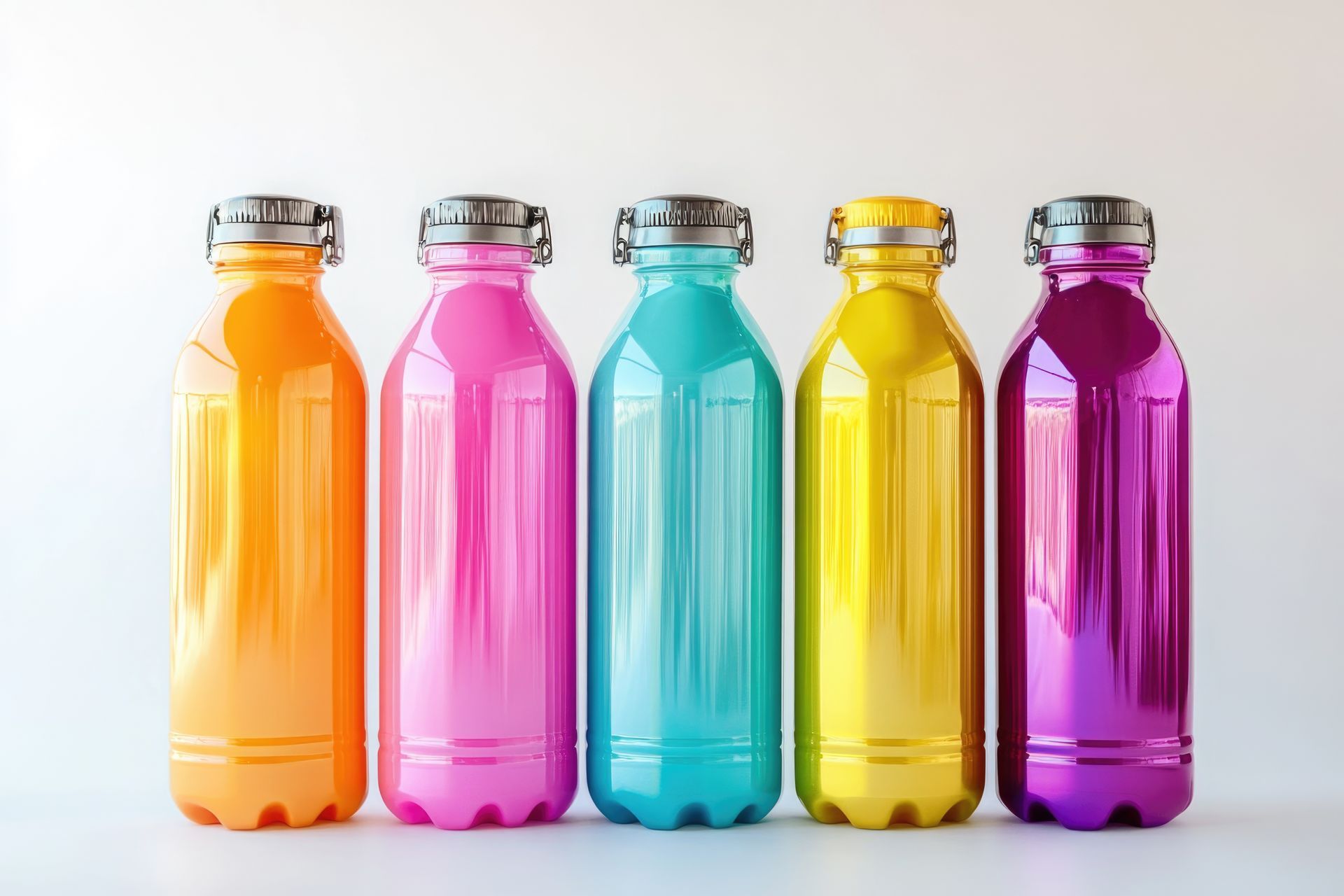 Five colorful, shiny water bottles in orange, pink, teal, yellow, and purple against a white background.