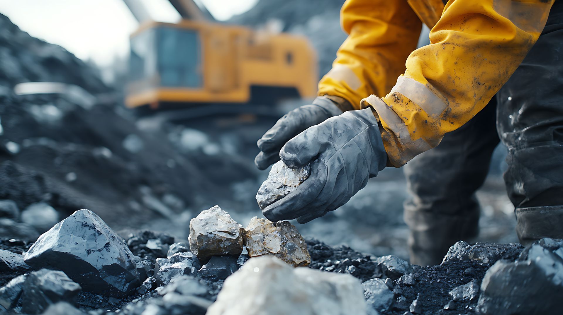 Person in yellow workwear examining rocks at a mining site; excavator in background.