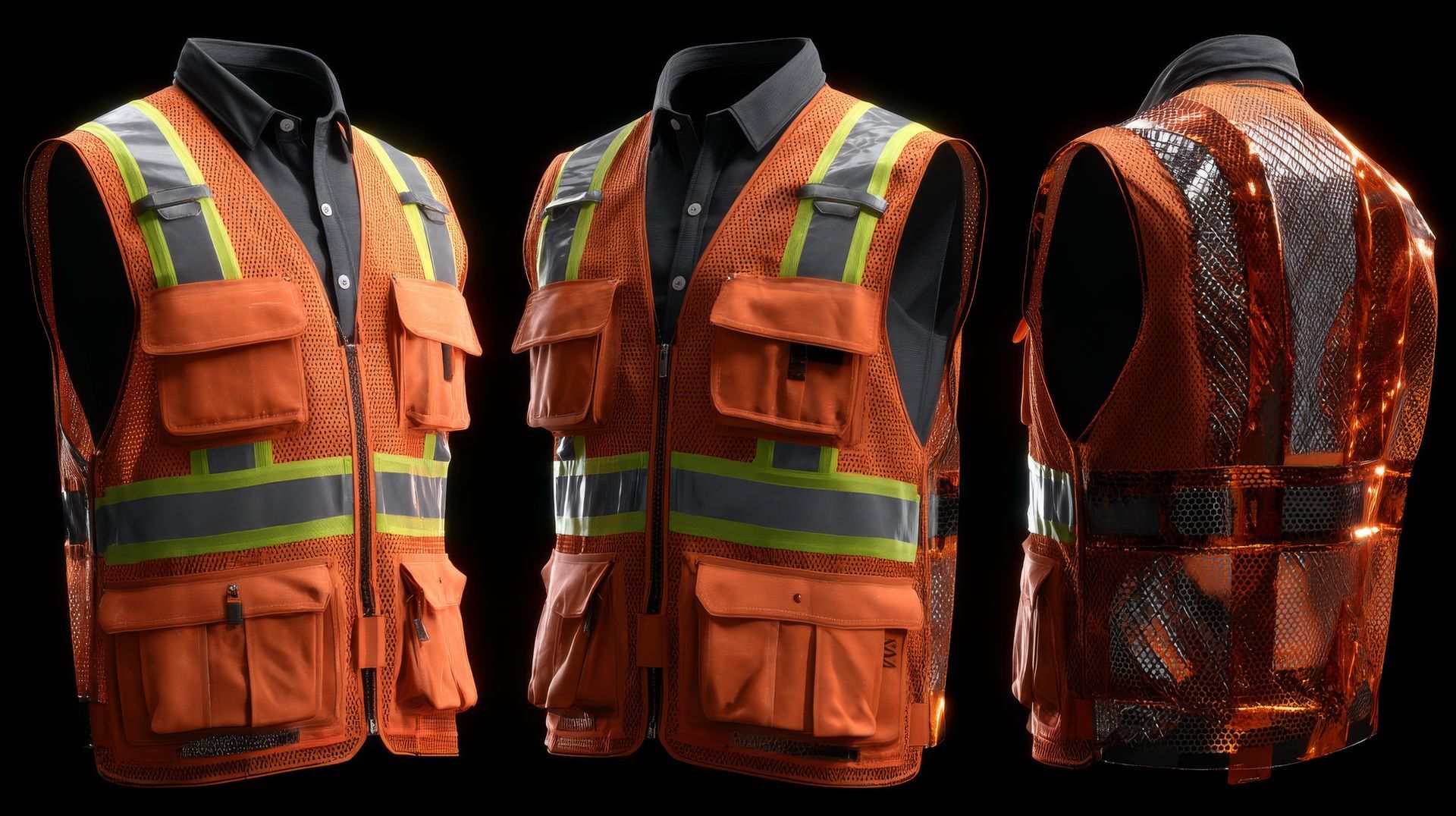 Orange safety vest with reflective stripes and pockets over a black shirt.