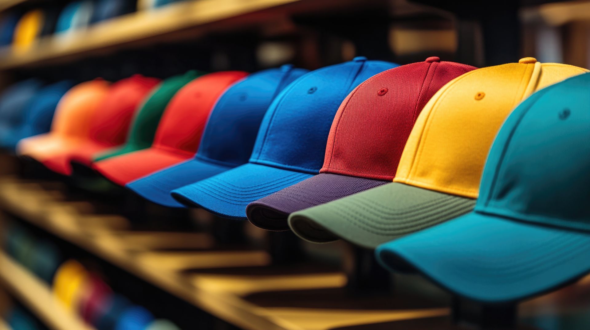 Row of colorful baseball caps on a shelf, varying shades of red, blue, green, and yellow.