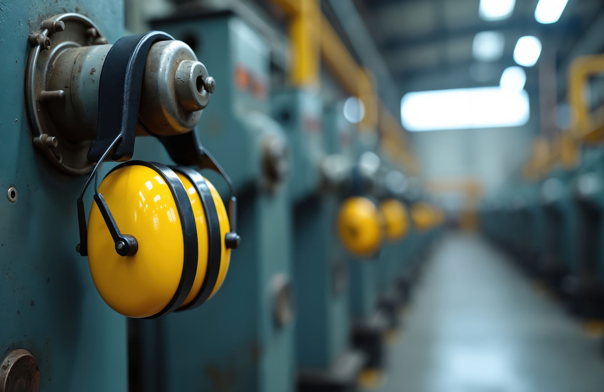 Yellow ear muffs hanging on industrial machinery in a factory, signifying hearing protection.