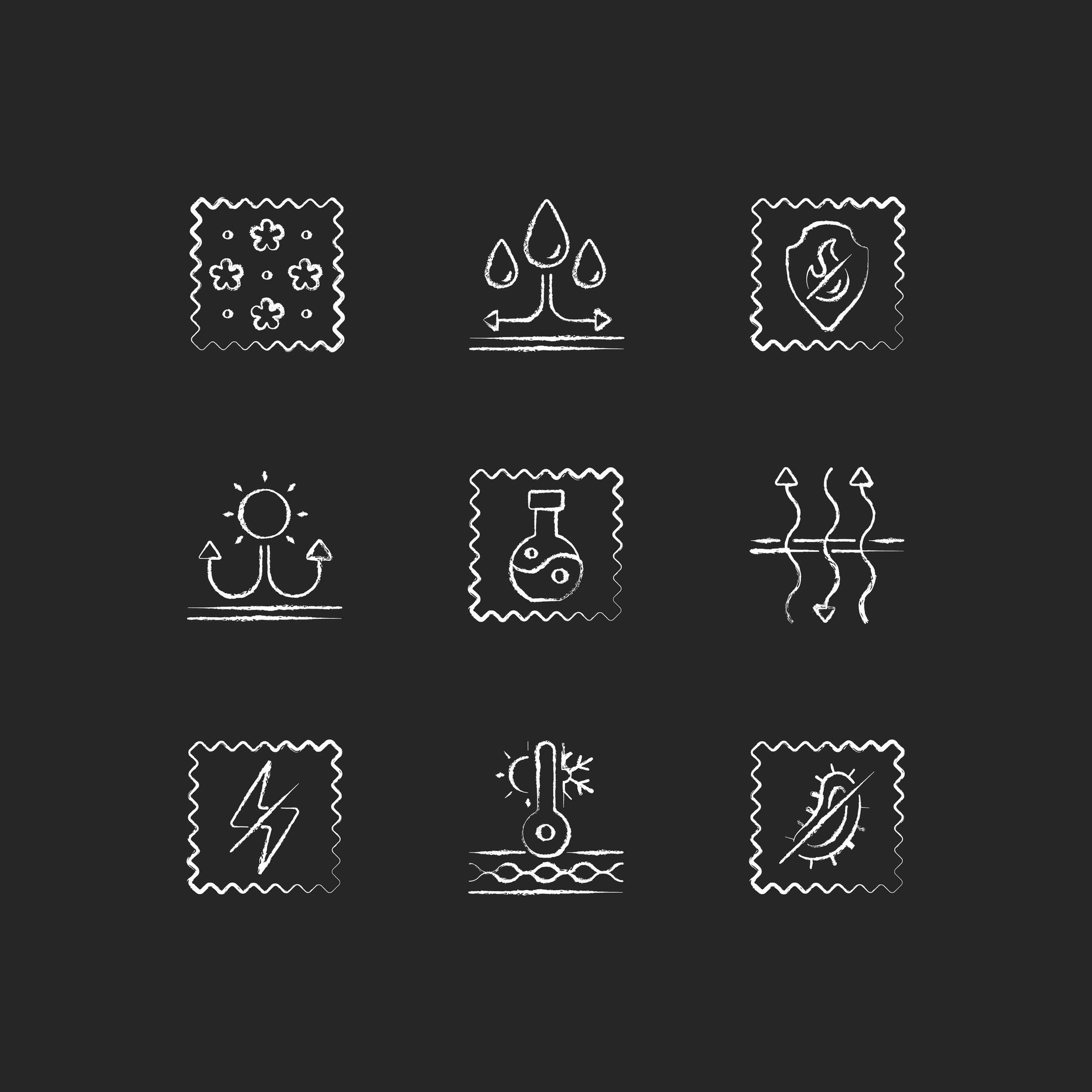 Nine fabric feature icons in chalk on a dark background.