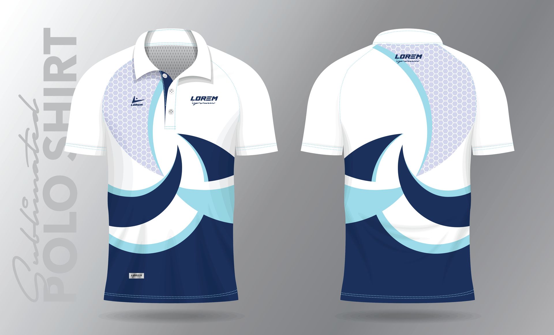 White polo shirt with blue and light blue design elements on front and back.