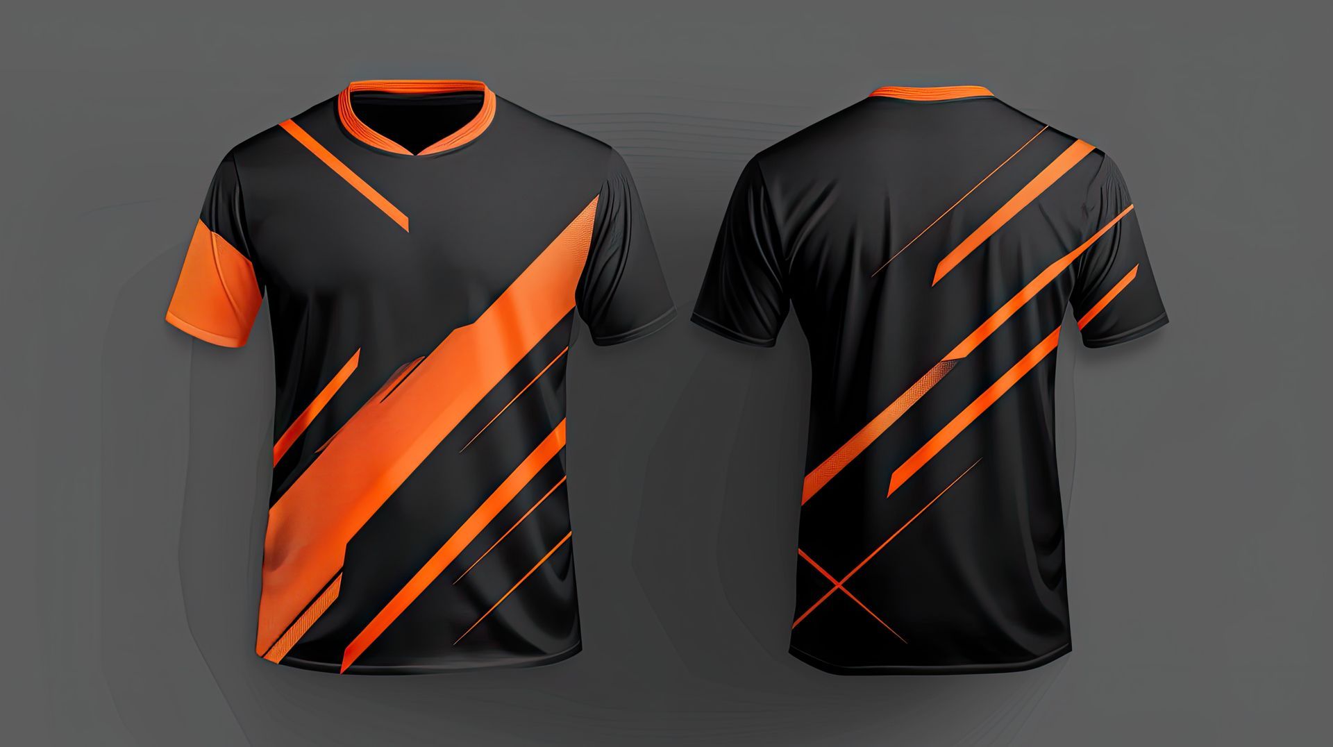 Black and orange athletic shirt design; front and back views. Diagonal orange stripes on a black background.