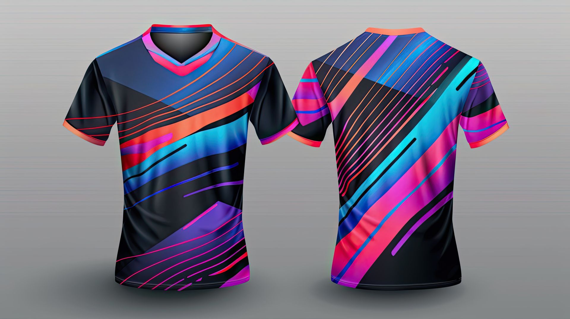 Front and back view of a black sports jersey with colorful diagonal lines and geometric shapes.