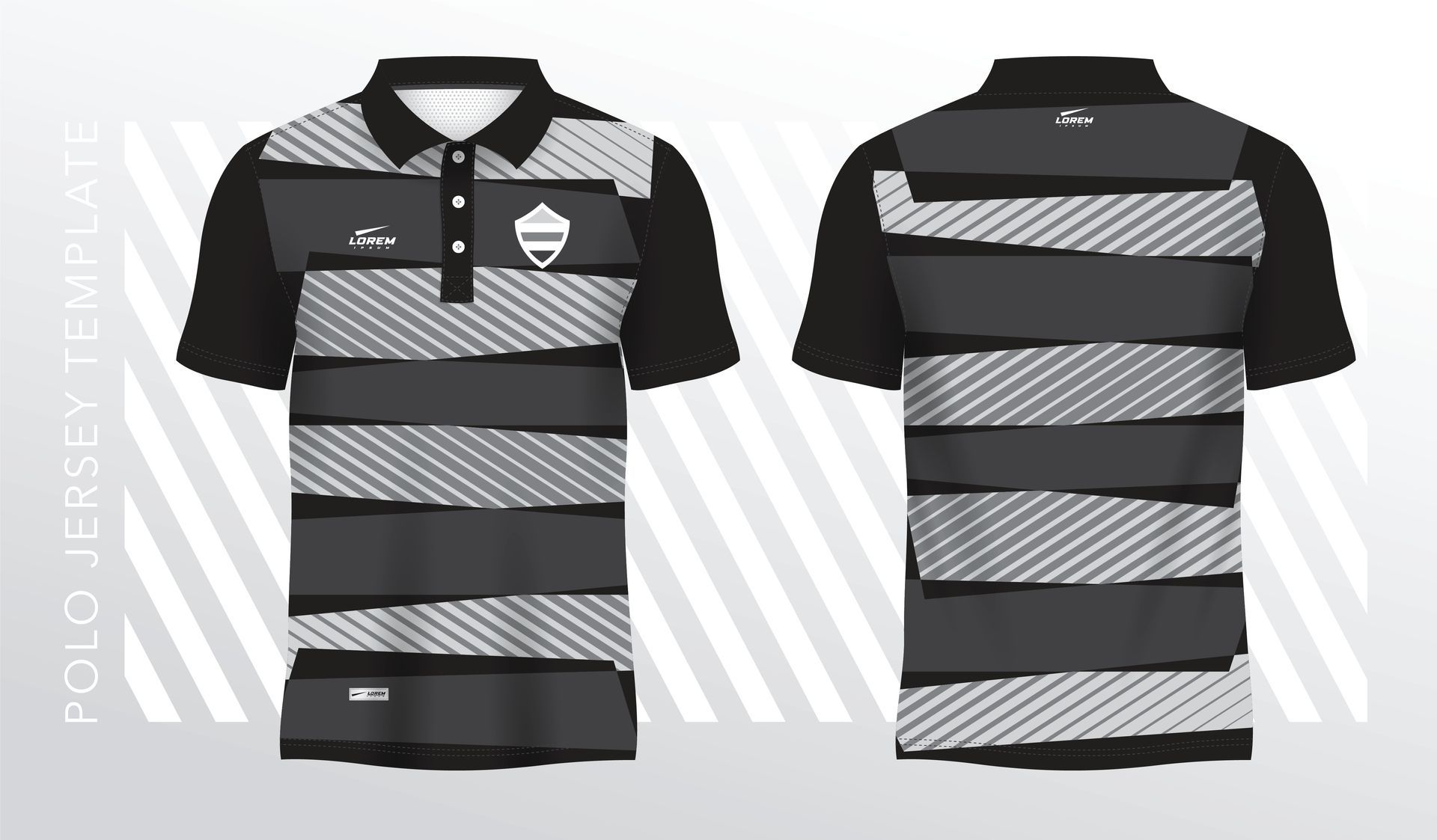 Black and gray polo shirt with horizontal, textured stripes and a small crest on the front.