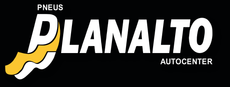 Logotipo da Planalto Autocenter, uma oficina mecânica e de pneus, com texto branco sobre fundo preto, um "P" estilizado