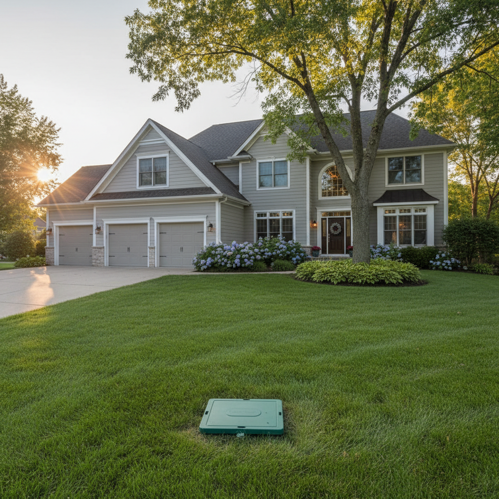 Gray house with three-car garage, lush green lawn, large tree, and a green box in the foreground.