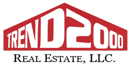 Logo for Trend2000 Real Estate, LLC., red roof shape with white text.