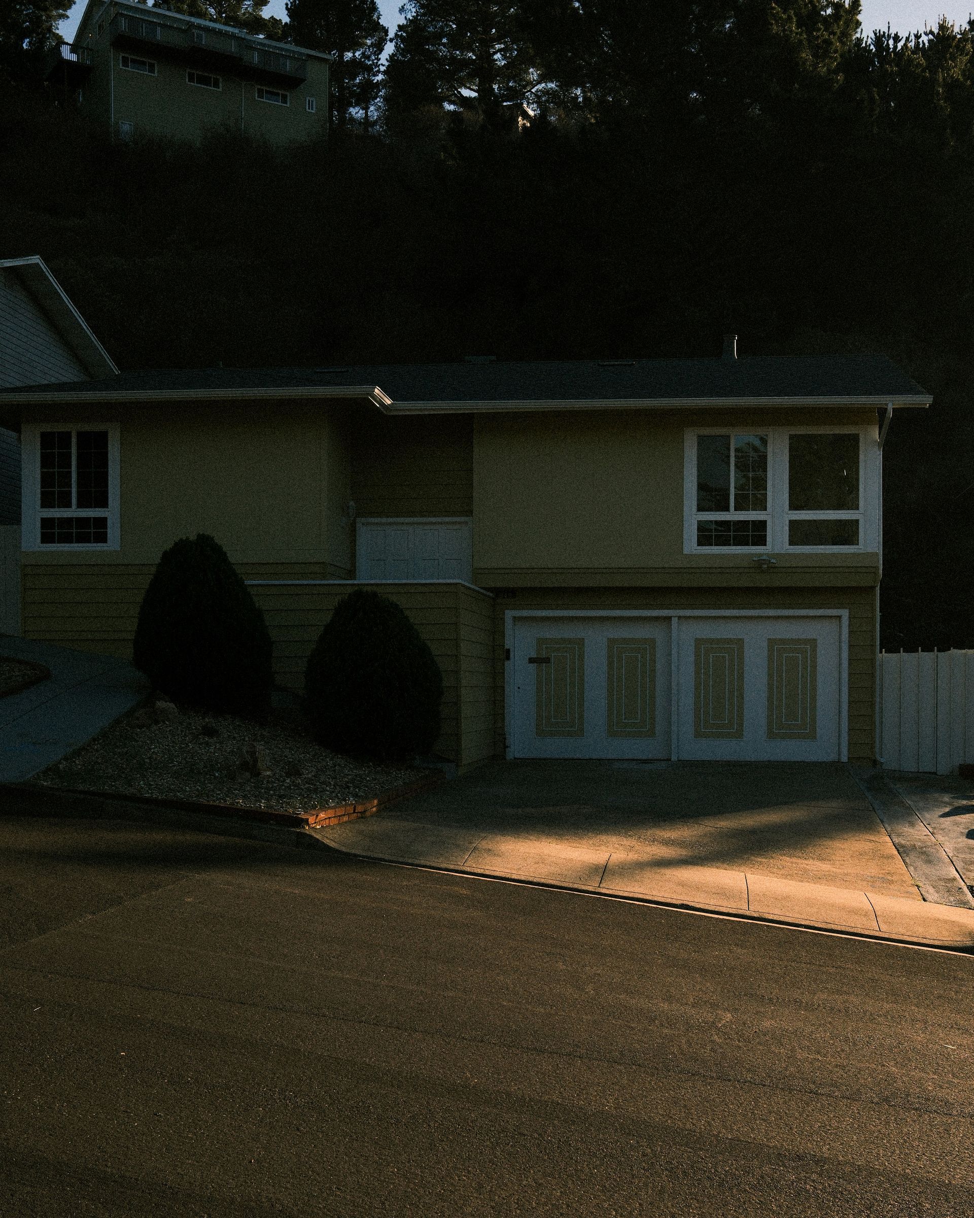 Yellow two-story house with white garage doors and windows. Two bushes flank the entry. Sunlight on driveway.