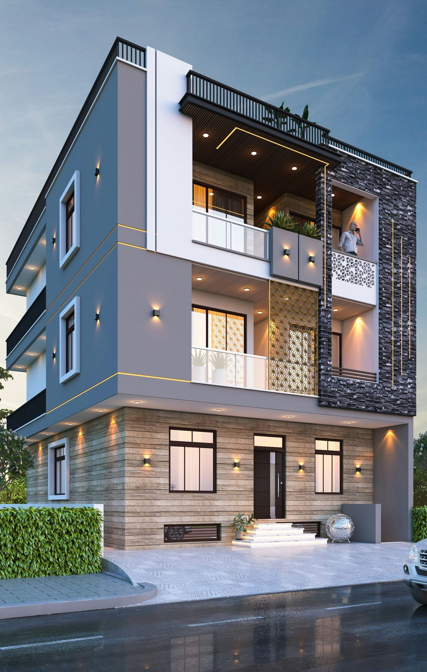 Multi-story modern building with stone and gray facades, balconies, and a palm tree.