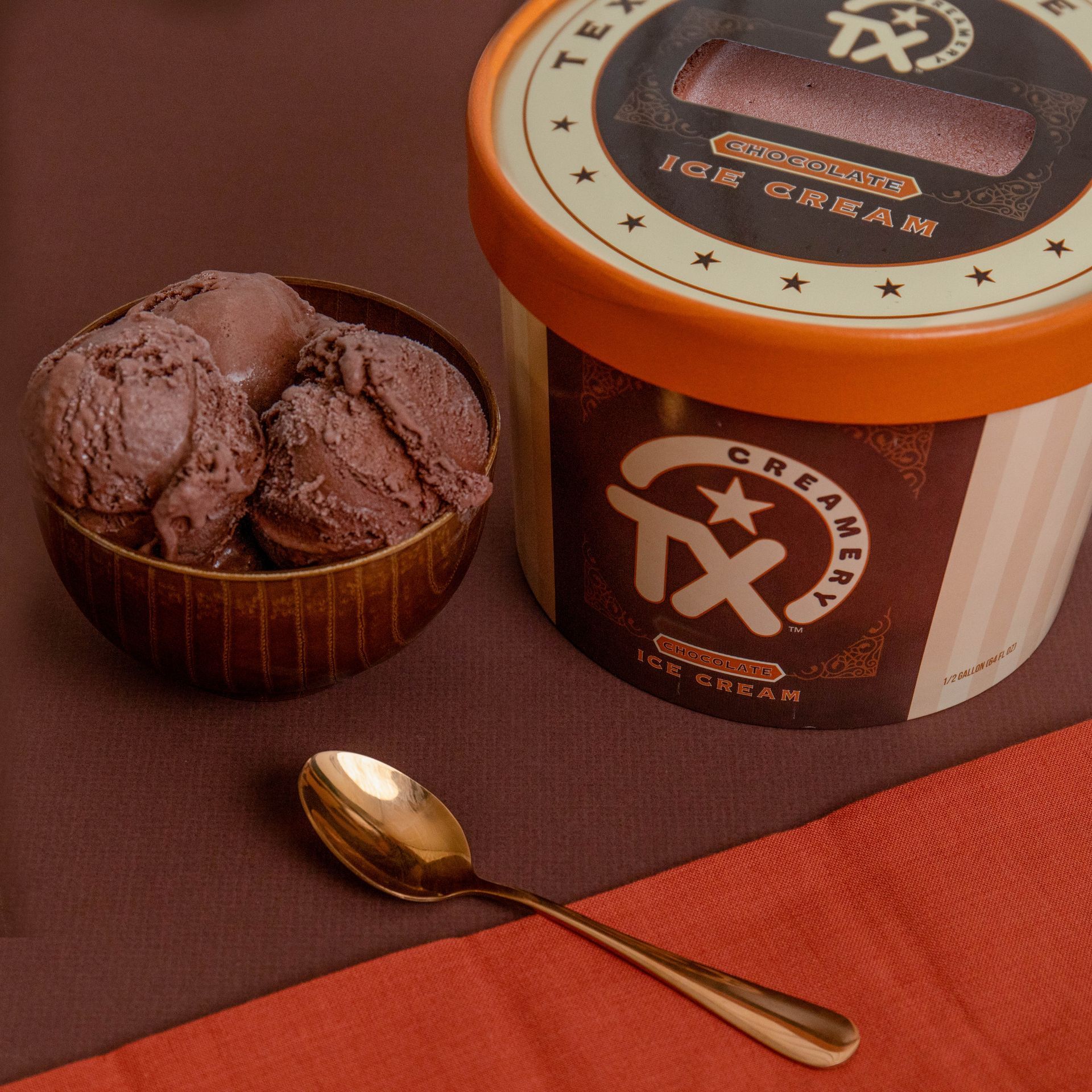 bowl of chocolate ice cream with TX Creamery half gallon