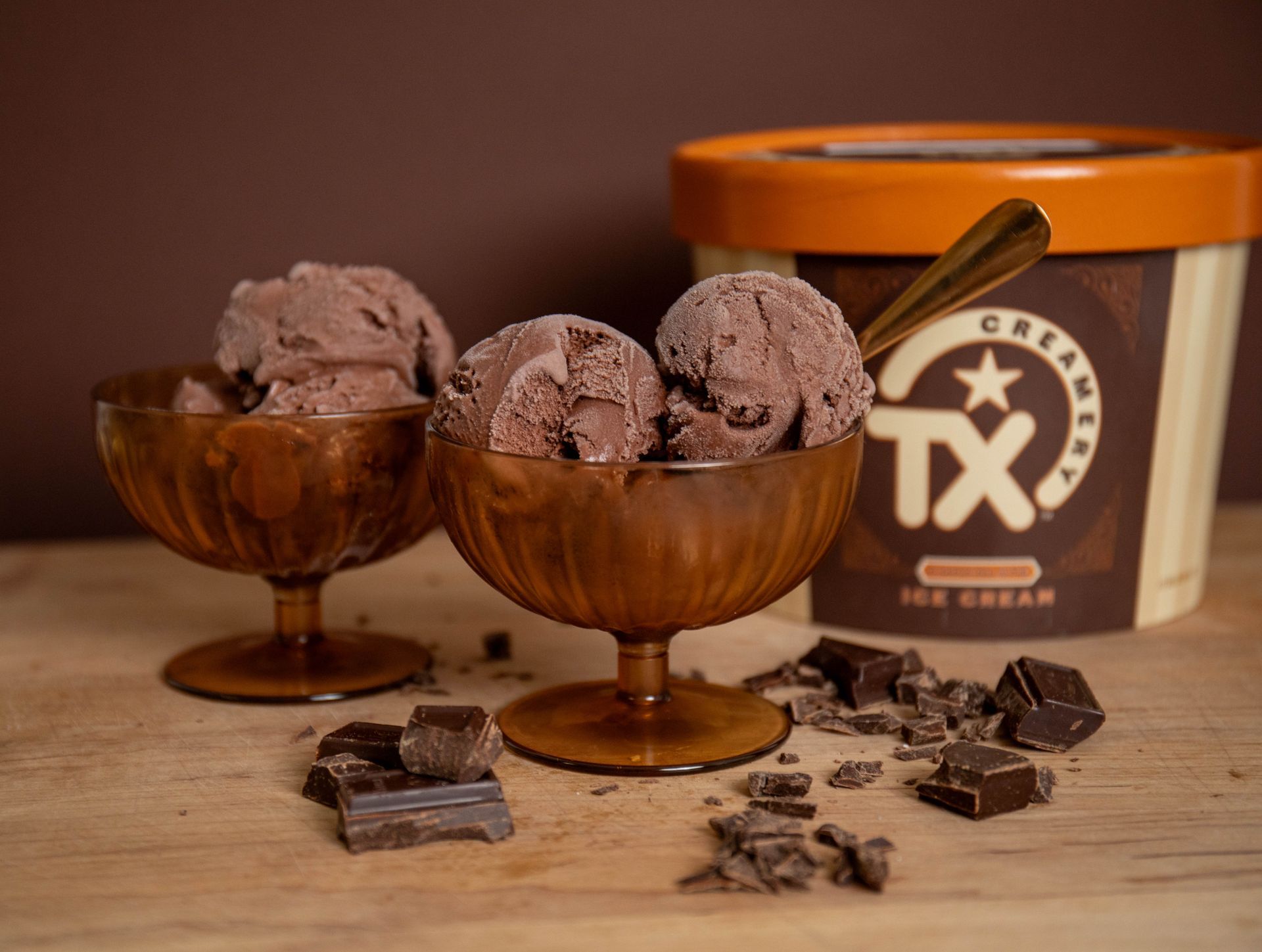two bowls of TX Creamery chocolate ice cream with half gallon in the background